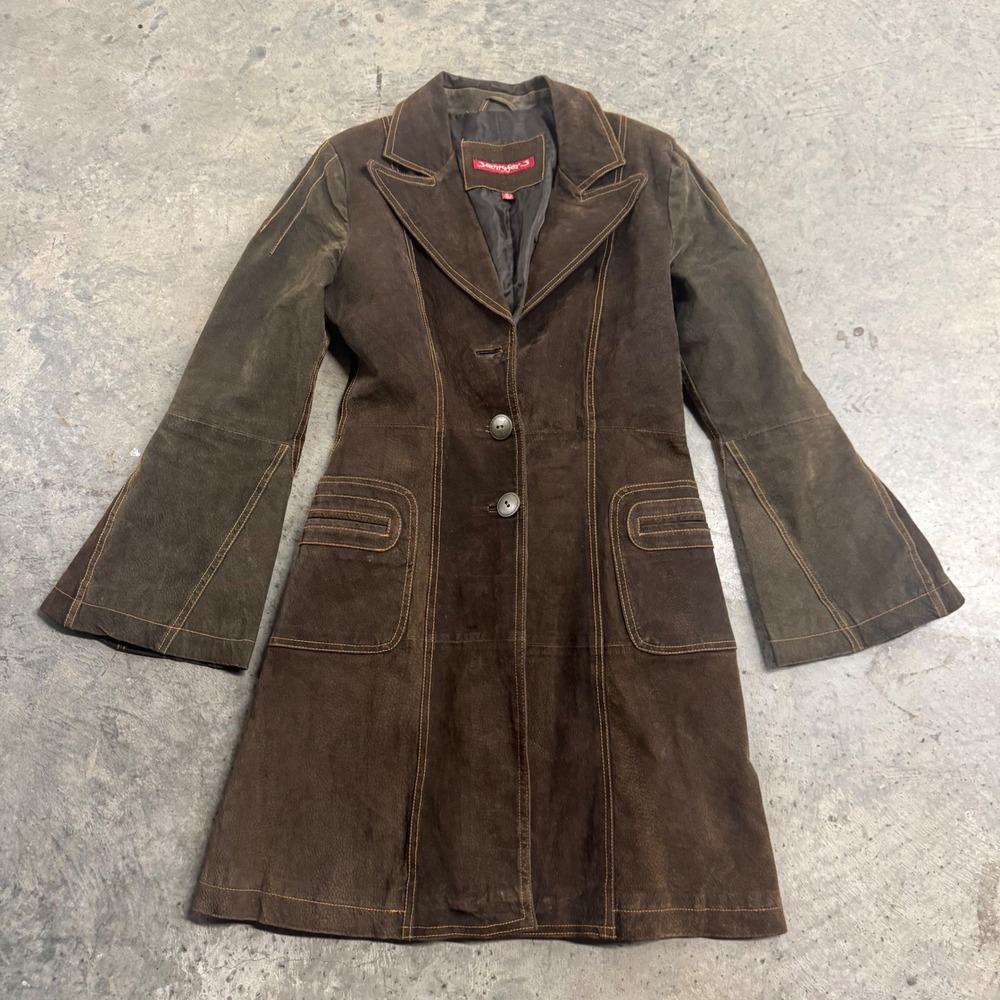 Jennyfer J VTG Y2k Women's Brown Leather Pennylane Coat Jacket S/M Retro Western